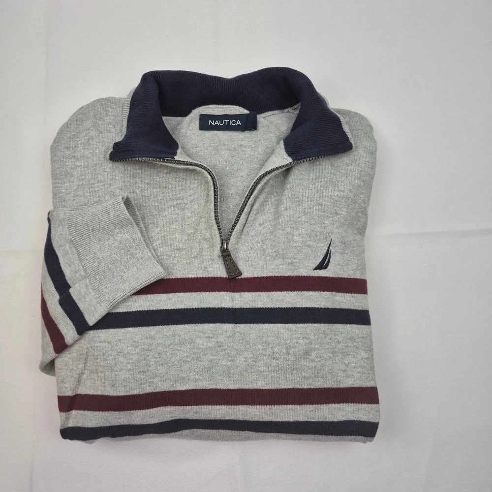 Nautica Men's L Gray Striped‎ Quarter Zip Pullover Sweater Logo Preppy Classic